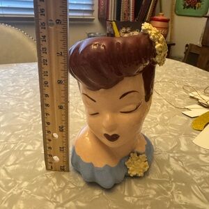 Vintage Lady Head Vase with Brown Hair and Blue Dress
